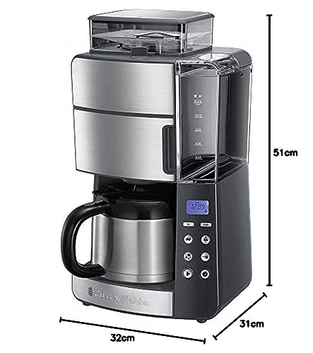 Russell Hobbs Cafetera de Goteo Grind & Brew - 10 Tazas, Jarra Térmica 1L, Molinillo para 250 g, 3 Niveles Molienda, Selector de Intensidad, Programable, Acero Inoxidable, Plata y Negro - 25620-56