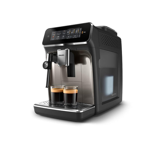 Philips Serie 3300 Cafetera Superautomática, Espumador de leche clásico, 5 tipos de café, SilentBrew, Molinillo Cerámico, pantalla táctil, cromo negro (EP3326/90)