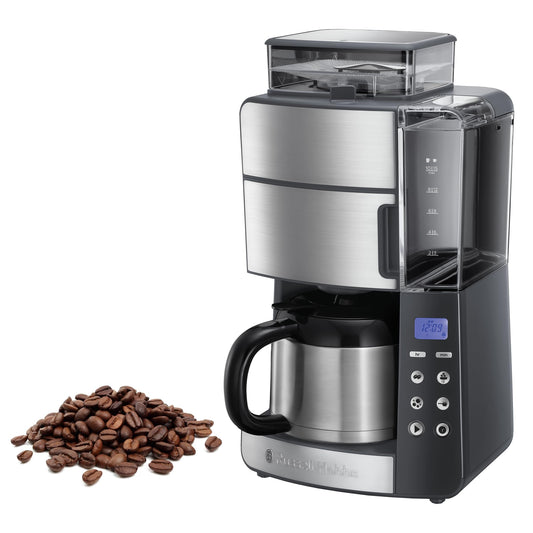 Russell Hobbs Cafetera de Goteo Grind & Brew - 10 Tazas, Jarra Térmica 1L, Molinillo para 250 g, 3 Niveles Molienda, Selector de Intensidad, Programable, Acero Inoxidable, Plata y Negro - 25620-56